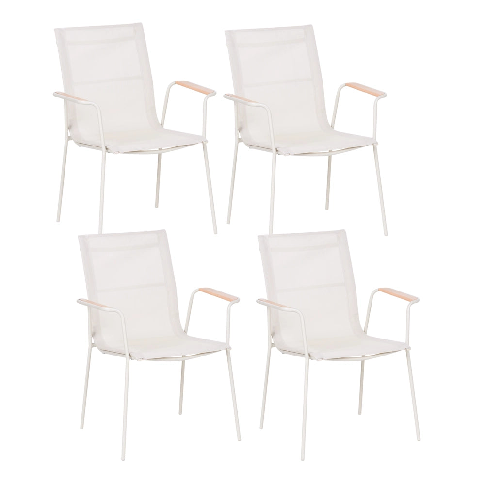 Set di 4 sedie da giardino con struttura in acciaio color beige chiaro, seduta e schienale in rete, verniciate a polvere, resistenti ai raggi UV e all'acqua, impilabili
