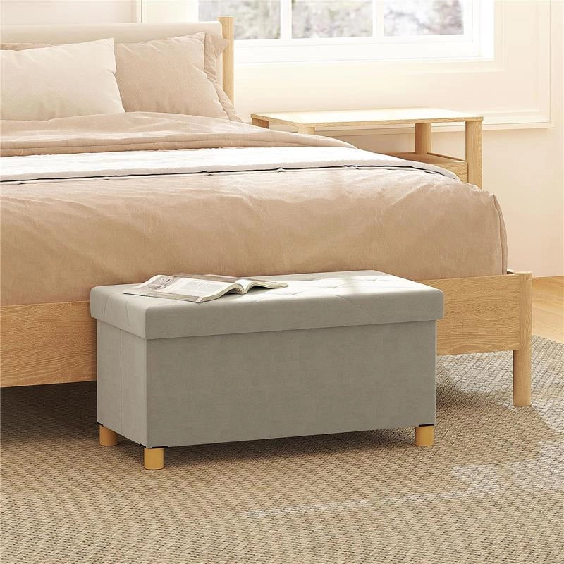 PANCA CONTENITORE PIEGHEVOLE DA 67L, COPERCHIO IMBOTTITO E RIVESTIMENTO VELLUTATO, 76X38X38CM, CREMA