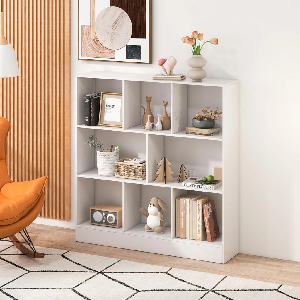 Libreria a 8 Cubi, Organizzatore di Stoccaggio a 3 Ripiani con 2 Kit Anti-Ribaltamento, Scaffale Multiuso in Legno per Soggiorno, Ufficio Stanza Bambini, 100x24x104 cm (Bianco)