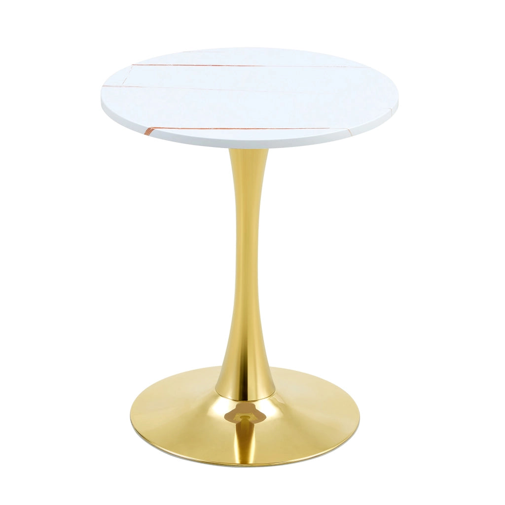 Tavolo da pranzo rotondo in MDF e metallo stile mid-century con base a cono, piano bianco venato e portata 120 kg