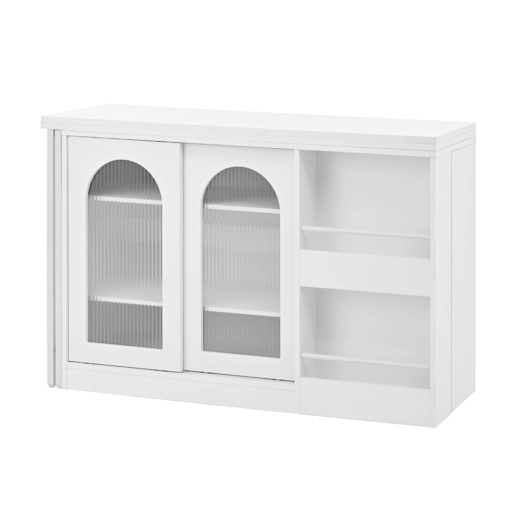 Mobile bar con piano girevole a 360°; 1 anta; 2 ripiani regolabili e vani aperti per cucina; in MDF; bianco; 121.5×40×76.7 cm