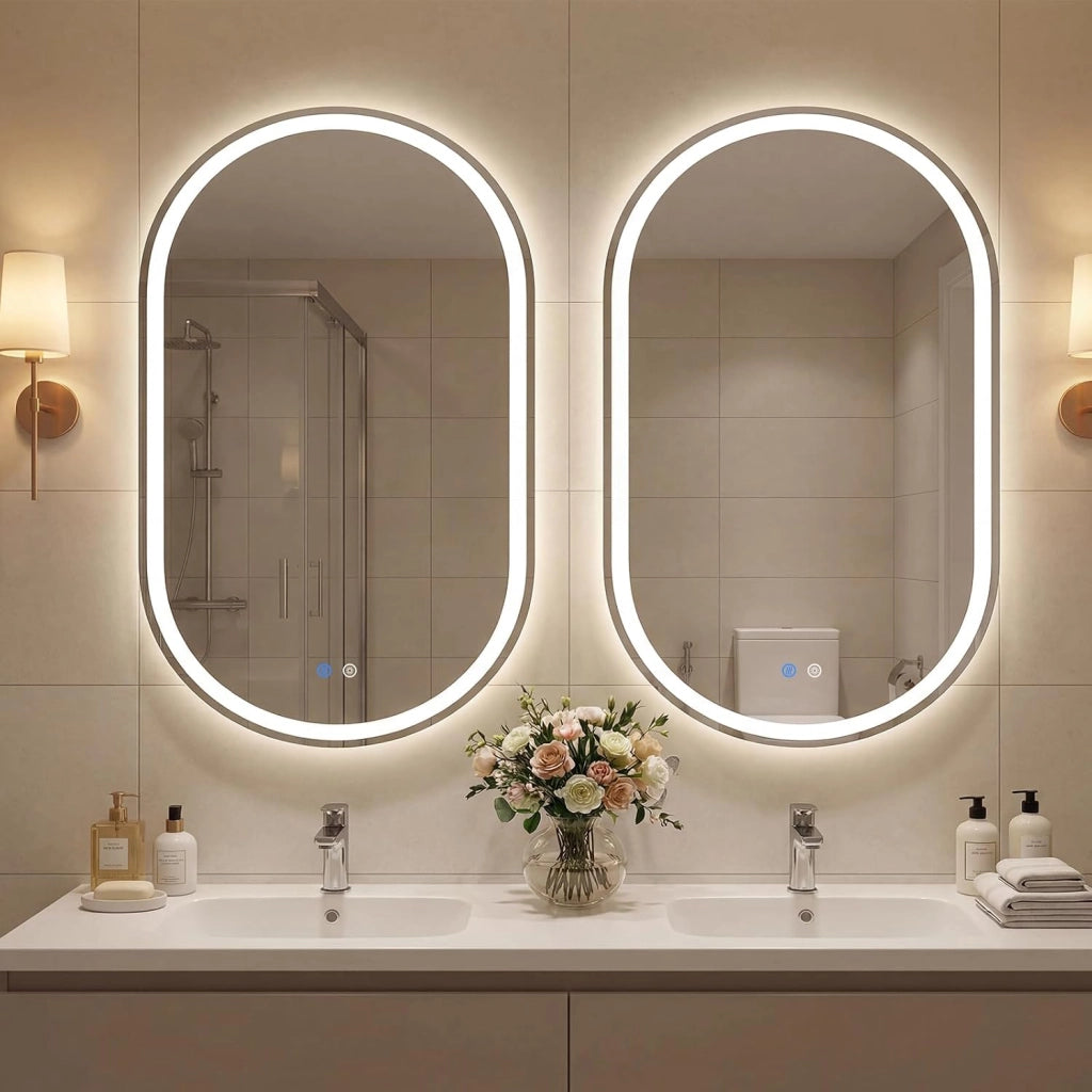 Specchio Bagno con Luce 80 x 50 cm, Specchio Ovale da Parete in Vetro Temperato IP44 con 3 Colori Dimmerabile, Antiappannamento, Memoria, Orizzontale/Verticale (80 x 50 cm, Modello 2)