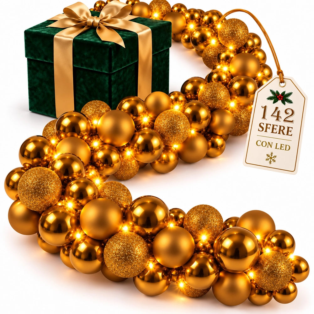 Ghirlanda Natalizia 180cm con Led Addobbo Oro Natale Lucido Opaco e Glitter
