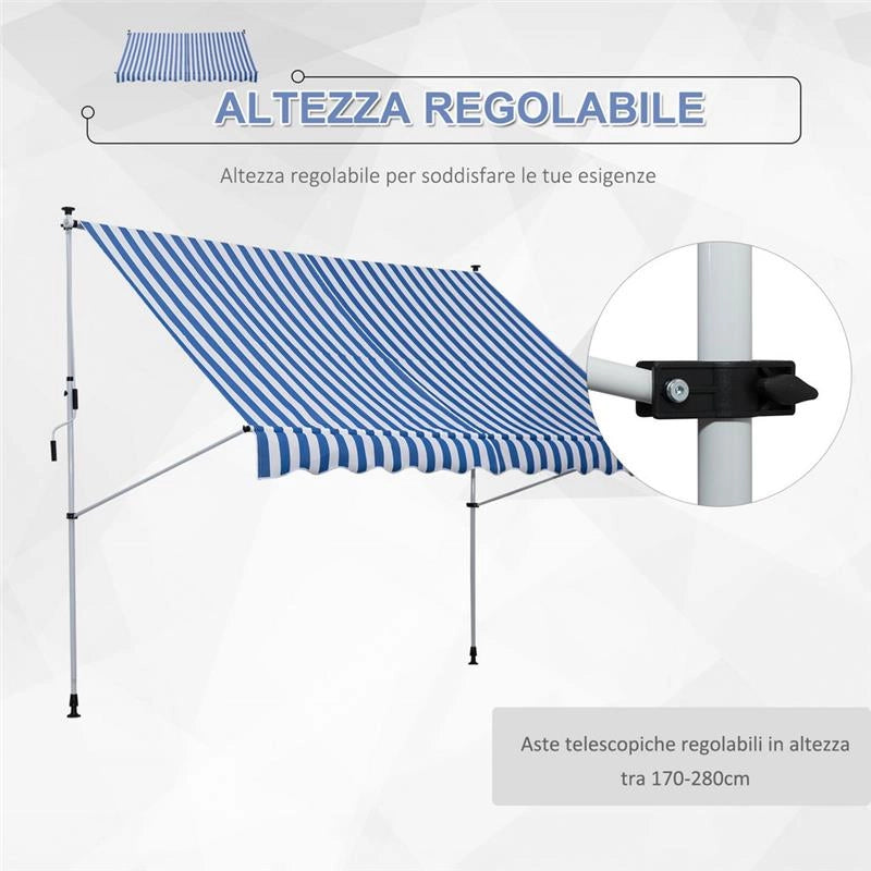 TENDA DA SOLE A BRACCI CON MANOVELLA 300 X 150 CM RIGHE BIANCHE E BLU