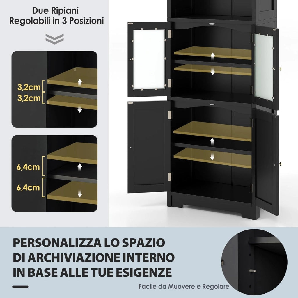 Armadio da Bagno, Mobiletto Alto da Terra con 2 Armadietti e Ripiani Regolabili, con Ante in Vetro, Mobile Portaoggetti Multiusi per Bagno e Soggiorno, 60x30x163 cm (Nero)