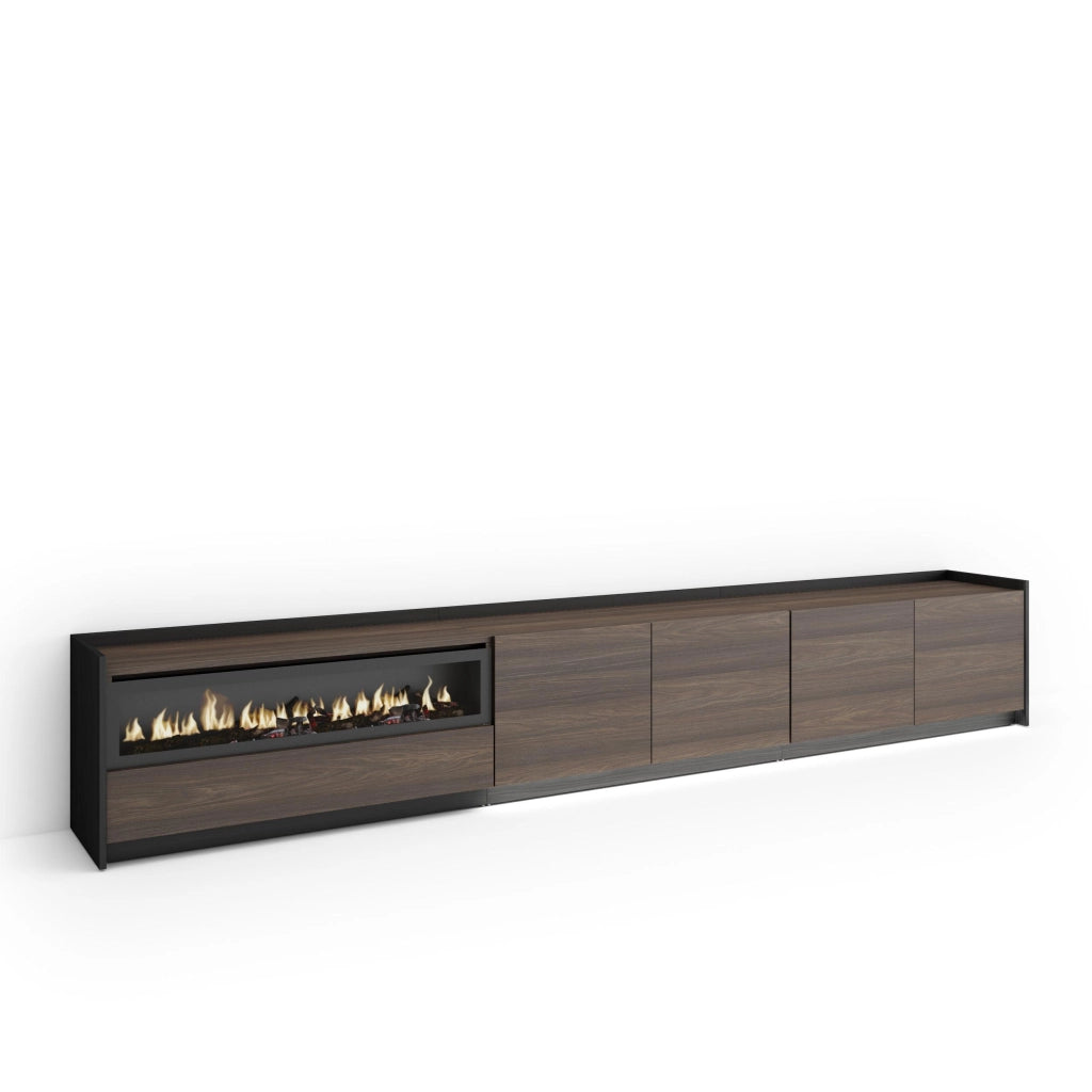 Mobile TV Soggiorno, 310x50x37 cm, Per TV fino a 80", Camino elettrico, LED, Rovere scuro e Nero