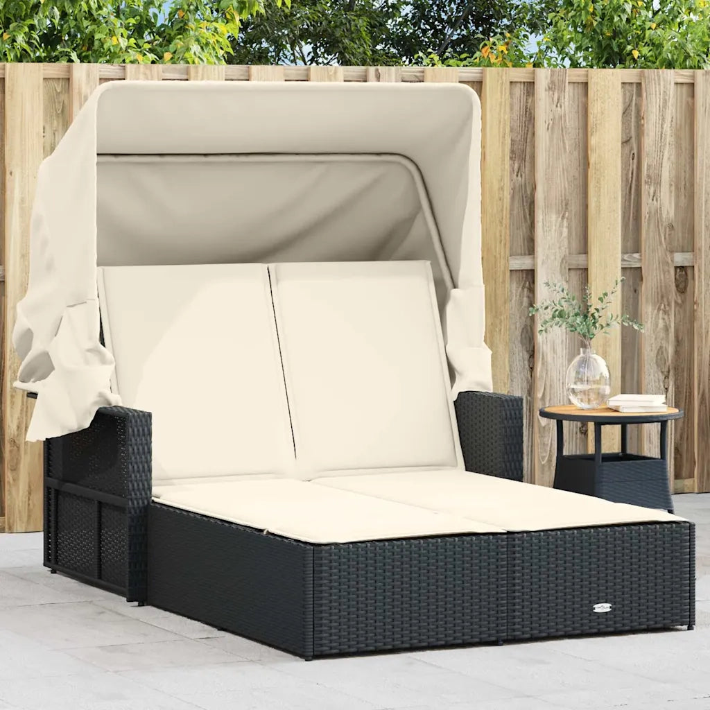 Lettino Prendisole | Sdraio da giardino | Lettino da sole Doppio Baldacchino e Cuscini Nero Polyrattan