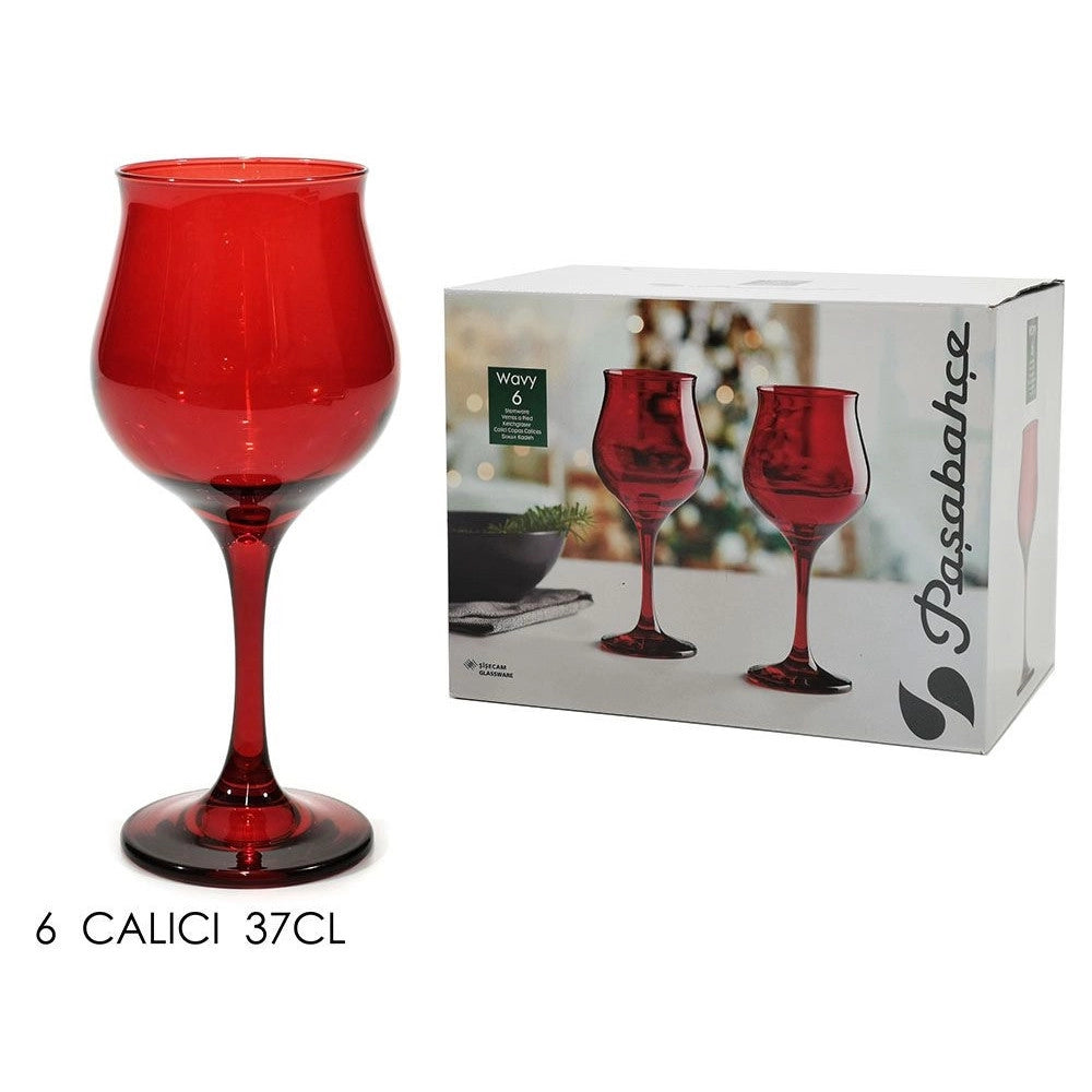 Trade Shop - Set 6 Calici Vino Rosso 37 cl Forma Tulipano Vetro Rosso Festivo Per Brindisi Natale -
