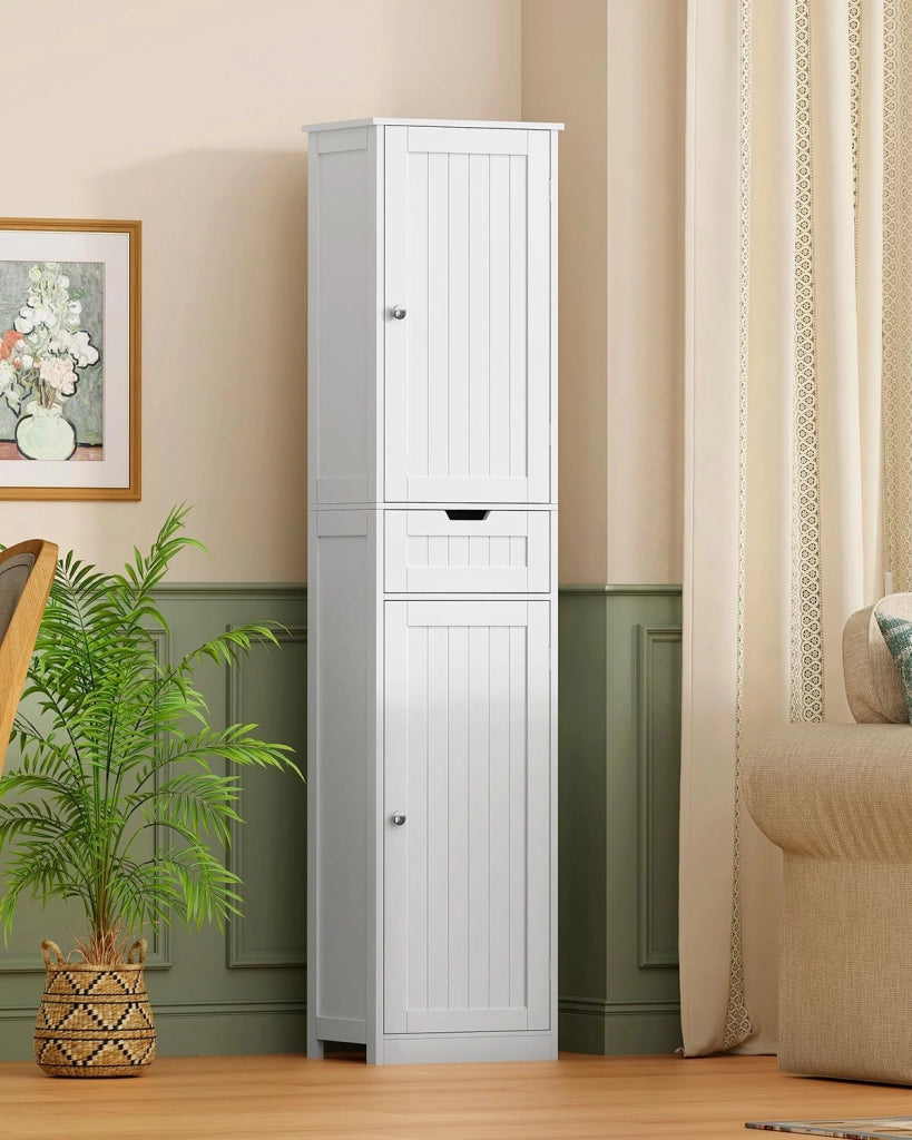 Mobile da Bagno Salvaspazio Stretto e Alto con Cassetto, Armadietto Bagno Moderno 2 Ante + 1 Cassetto 40x30x170 cm, Bianco