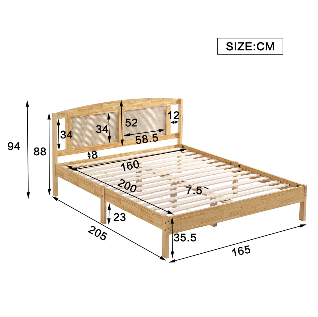 Letto matrimoniale 160x200 cm con 15 doghe e piedini centrali; legno di pino e PE-Rattan naturale