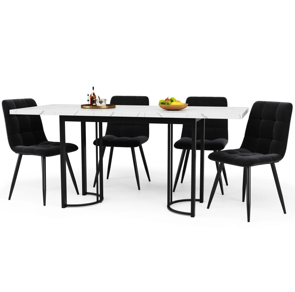 Set da pranzo 5 pezzi; tavolo allungabile 140x80x75.5 cm in MDF e metallo; nero e bianco