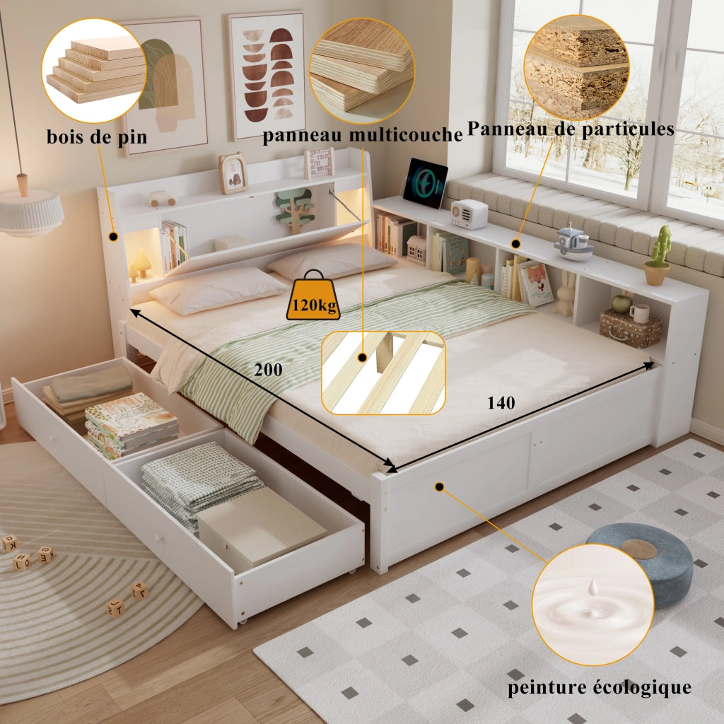 Letto matrimoniale con testiera portaoggetti; 2 luci LED e prese USB; struttura in legno massello e MDF; bianco; 140x200 cm