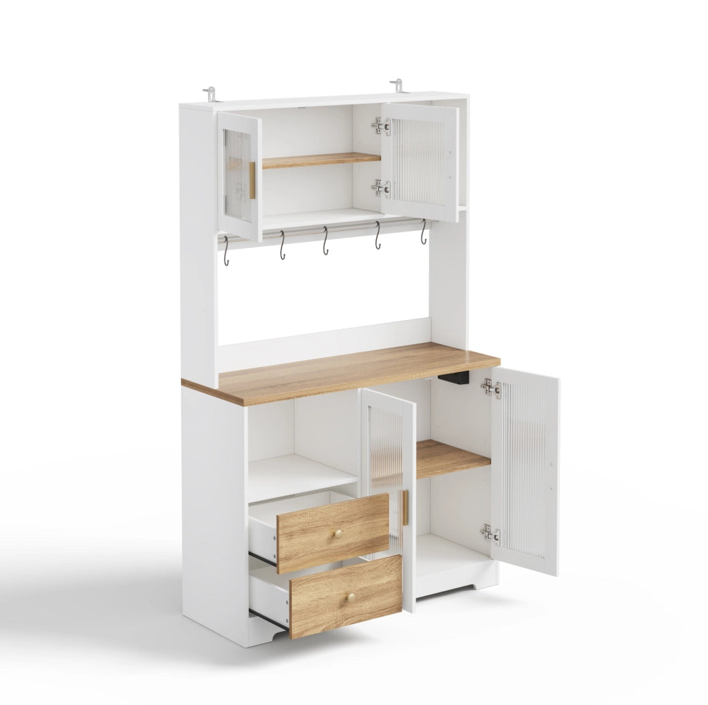 Credenza alta da cucina 178 cm con LED; prese USB; ante in vetro temperato; bianco naturale