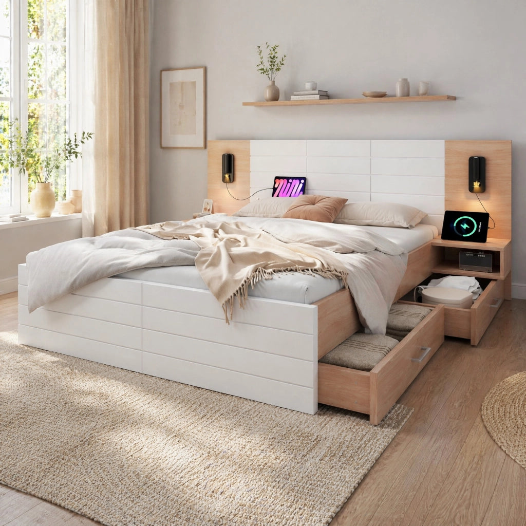 Letto matrimoniale 160x200 cm in legno con 2 cassetti, luci LED e USB, colore bianco/elegante quercia