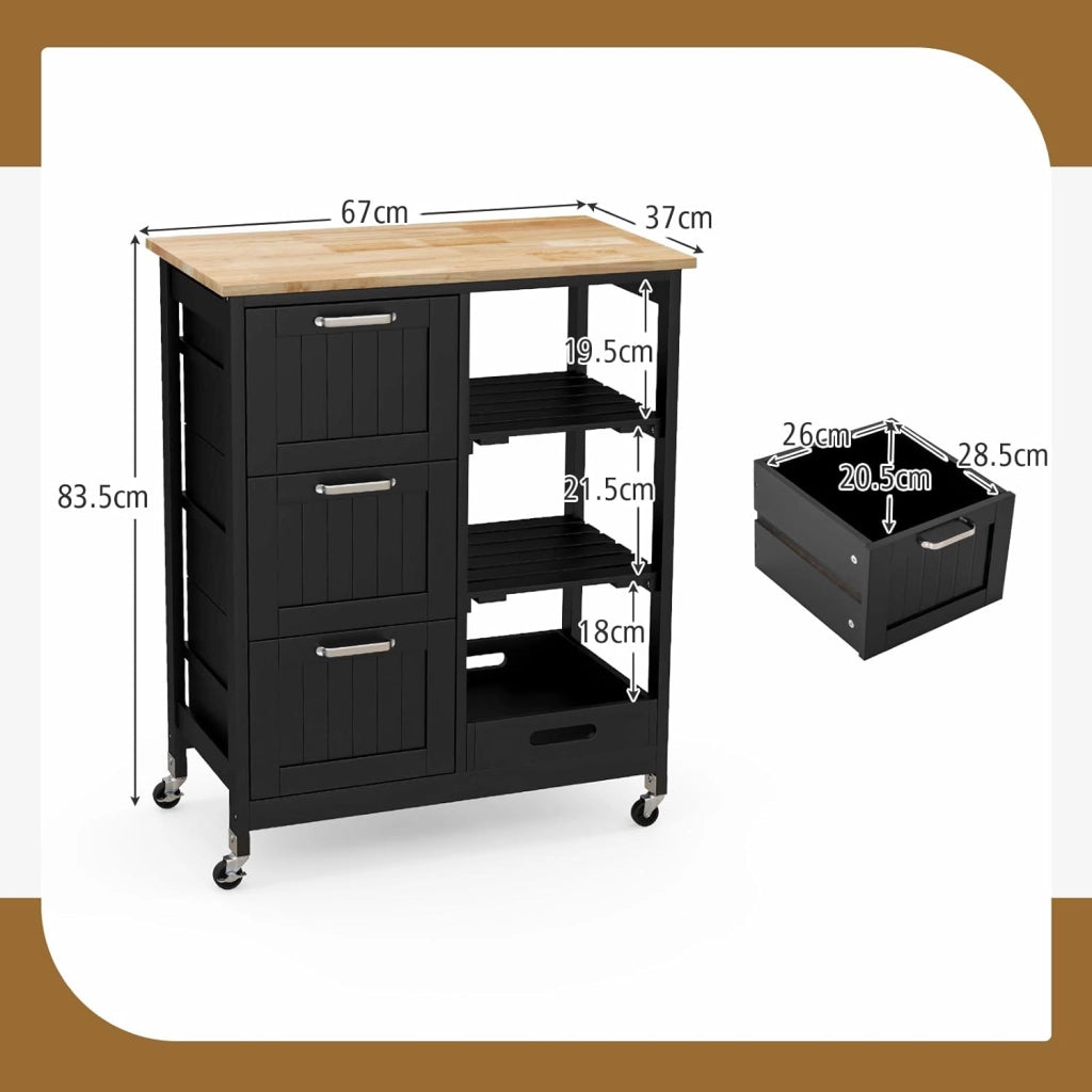 Carrello di Servizio con 4 Ripiani, Scaffale da Cucina con Rotelle, Mobiletto Cucina Salvaspazio con 3 Grandi Cassetti, 67x37x83,5 cm, 2 Colori (nero)