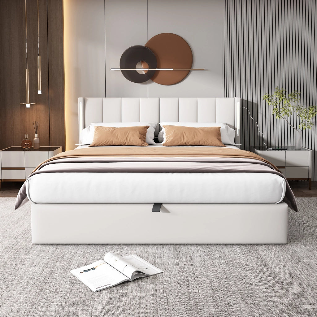 OKWISH Letto Contenitore 160×200 cm, Letto Matrimoniale con LED Regolabile, USB e Tipo C, Testiera Regolabile, senza Materasso, PU Bianco