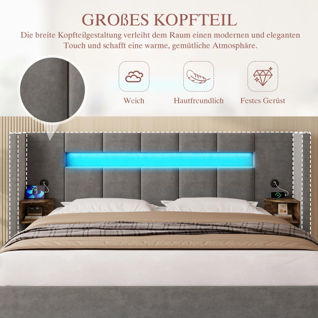 LETTO Contenitore 160x200 cm in velluto grigio scuro con USB e LED