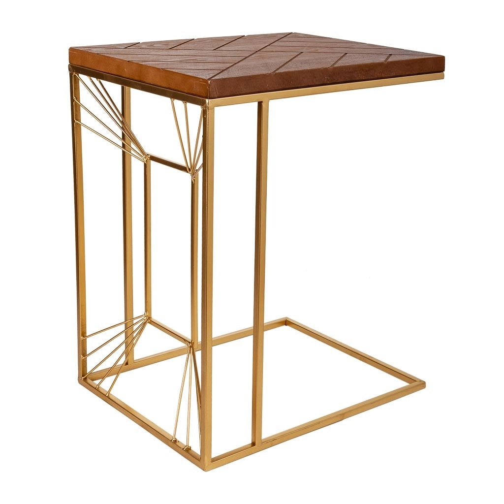 Tavolino angolare in legno e metallo oro 45x35x55h