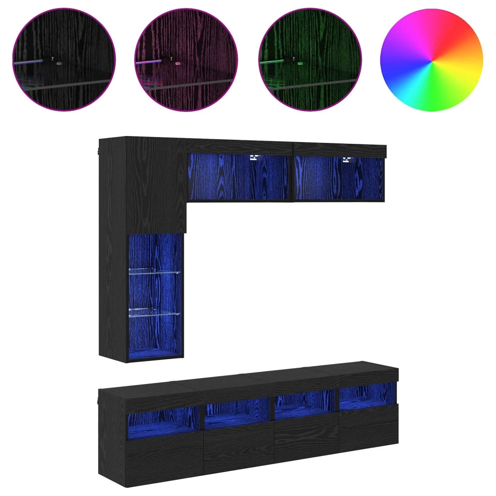Mobile TV con led 7 pcs Rovere Nero Legno multistrato 3402985