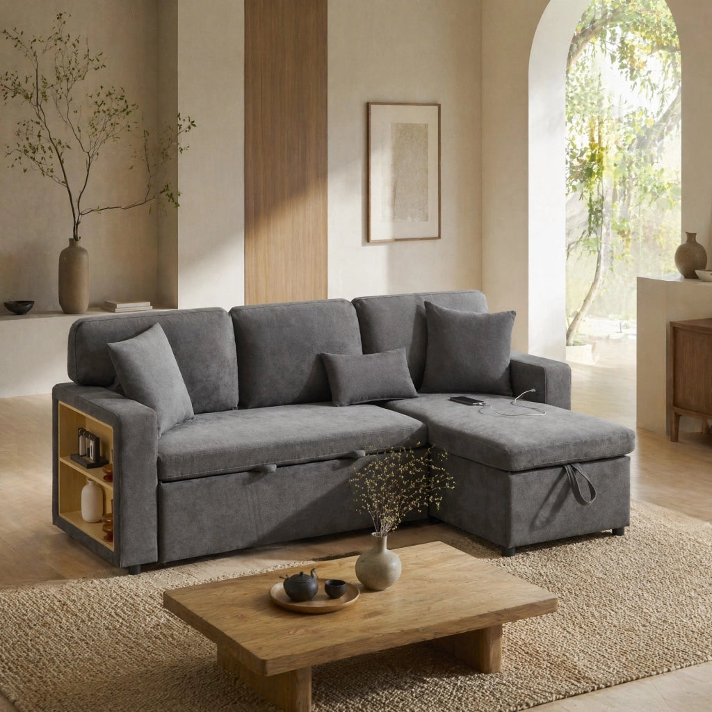Divano letto angolare 3 posti con contenitore; USB e 3 cuscini; 214 x 131 x 87 cm; grigio scuro