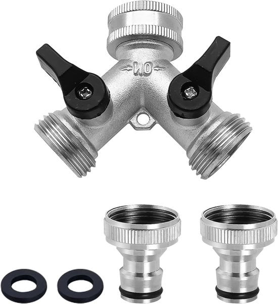 Distributore Y a doppio canale per rubinetto con gomma per tubi da giardino, adatto per lavatrice e rubinetto esterno in cucina e giardino, 3/4 pollici, con gomma per tubi da giardino.