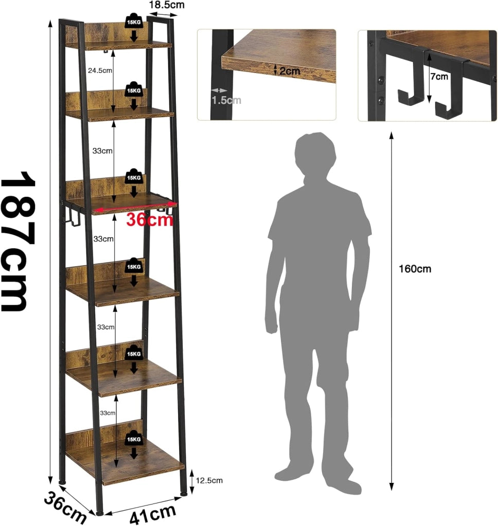 Libreria a 6 Ripiani, Scaffale con 4 Ganci Industriale, Scaffale a Scala in MDF e Metallo per Soggiorno, Cucina, Studio, Ufficio,Nero,41x36x187cm RGB930hov