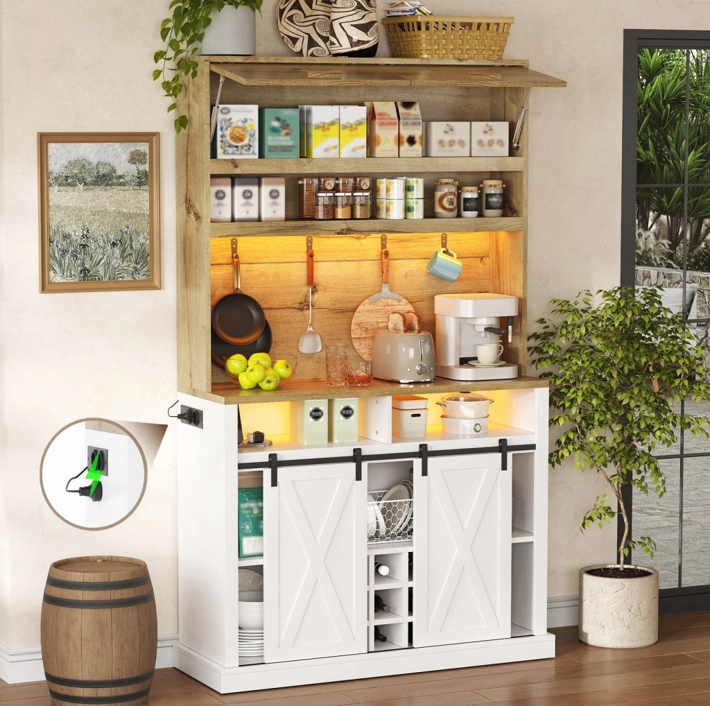 Credenza cucina con LED RGB e vetrina 110x40x191 cm; in MDF bianco naturale