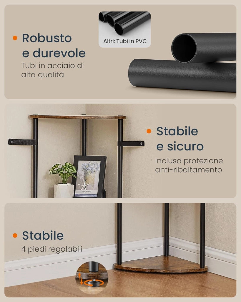 SONGMICS HOME Montaggio Super Veloce Senza Attrezzi, Scaffale Angolare a 5 Ripiani, Scaffale Autoportante, 38,3 x 27 x 139 cm, per Soggiorno, Camera da Letto, Cucina, Marrone Vintage LBC610K01