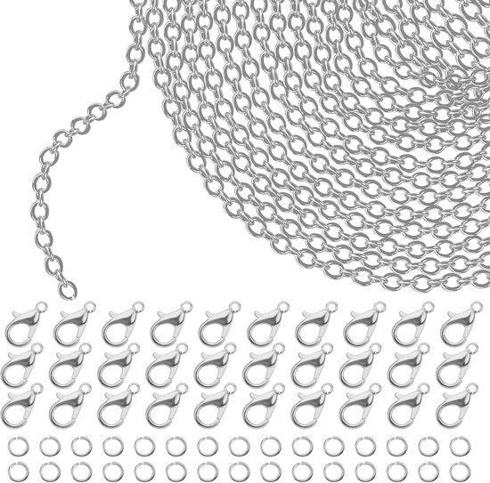 Catena in Argento per DIY - 10 m x 2,5 mm Con 30 Chiavi a Croc e Anelli di Rilascio per Creazione di Gioielli