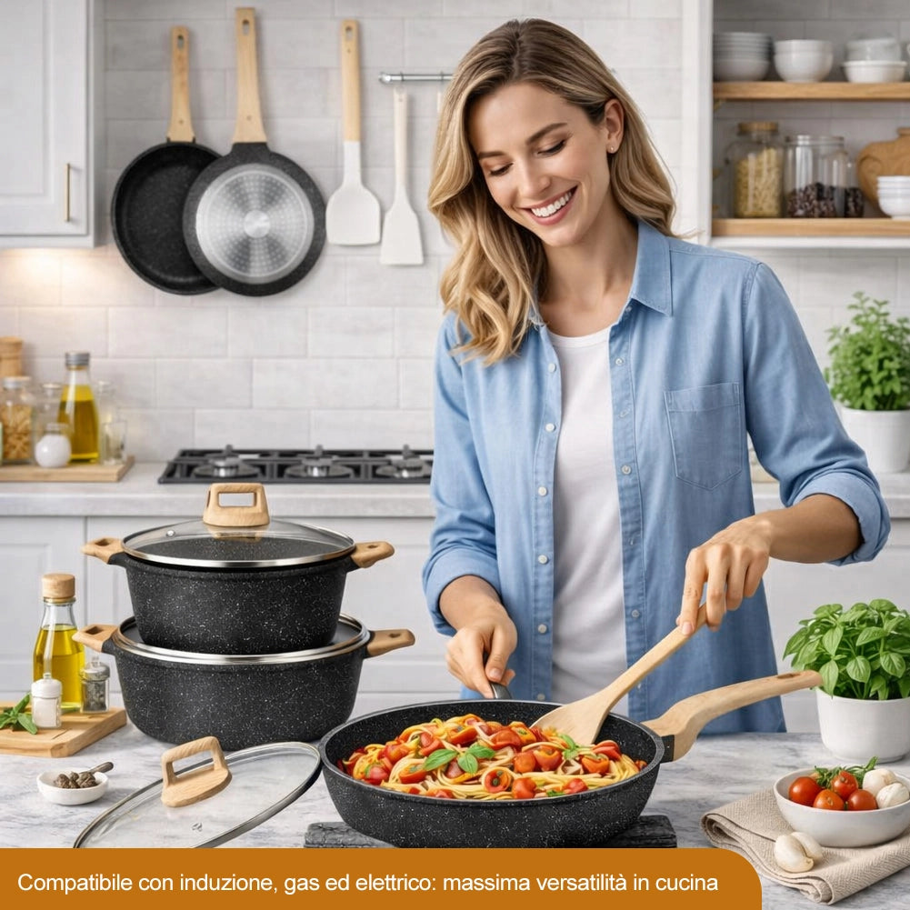 Batteria Pentole e Padelle 21 Pezzi Nero in Alluminio Pressofuso Antiaderente