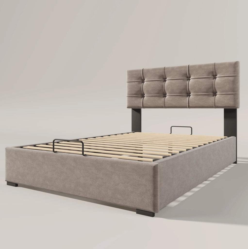 Letto imbottito singolo 90x200 cm con testiera regolabile; contenitore; velluto grigio chiaro