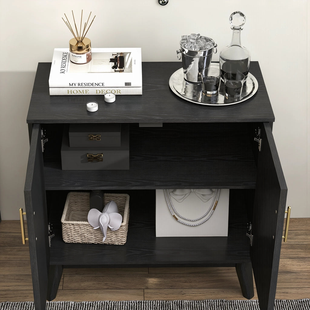 Credenza con ripiani regolabili e presa posteriore in legno e MDF nera