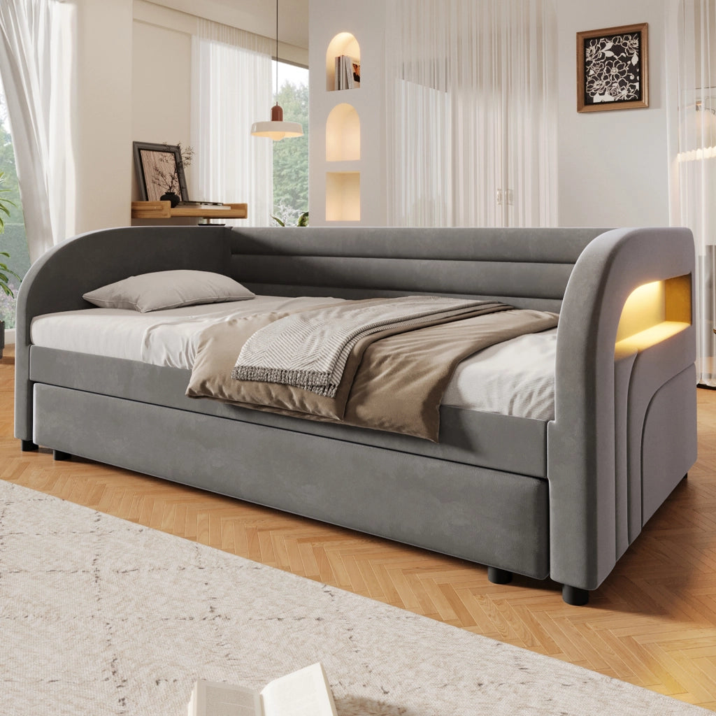 Letto Estraibile 90x200 cm; con LED Regolabile e Letto a Scomparsa; in Flanella; Grigio