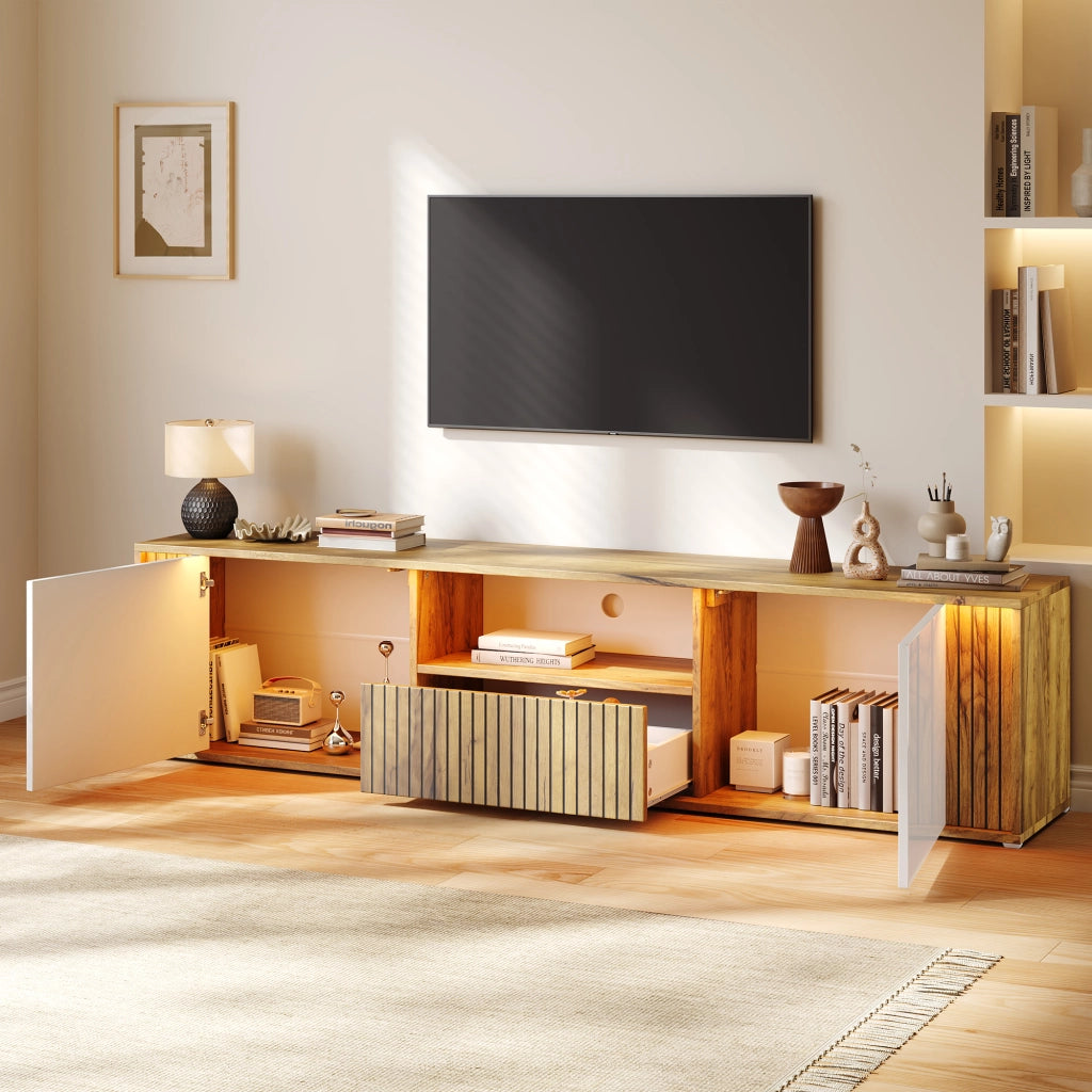 Mobile TV con LED Bluetooth; 2 ante e 1 cassetto; 180 x 40 x 51 cm; bianco e effetto legno