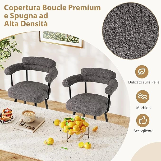 Set di 2 Sgabelli da Bar Girevoli, Sedie Imbottite in Boucle con Schienale, Braccioli Curvi, Gambe in Metallo e Poggiapiedi, Portata 150 kg, per Isola Cucina, Caffè e Pub (Grigio)