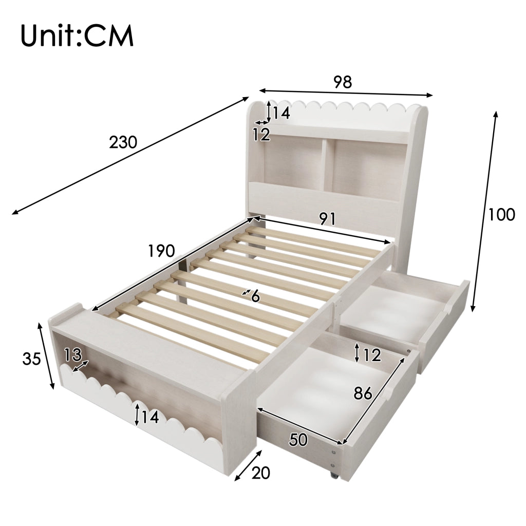 Letto singolo 90x190 cm con cassetti, mensole e contenitore, struttura in legno, bianco e rovere