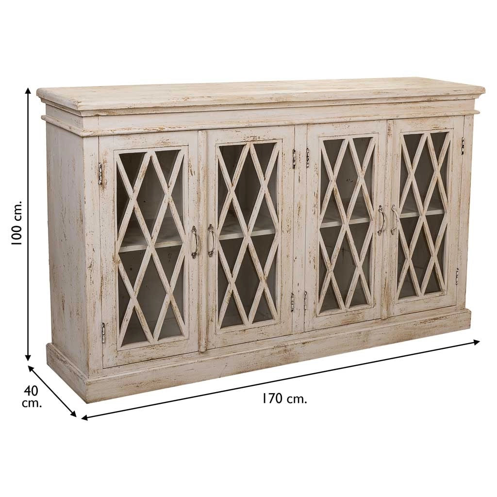 Credenza in legno e vetro artigianale bianco 170x40x100