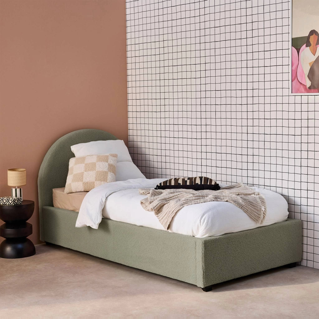 Struttura letto con contenitore e testiera 90x190cm, imbottita bouclé,