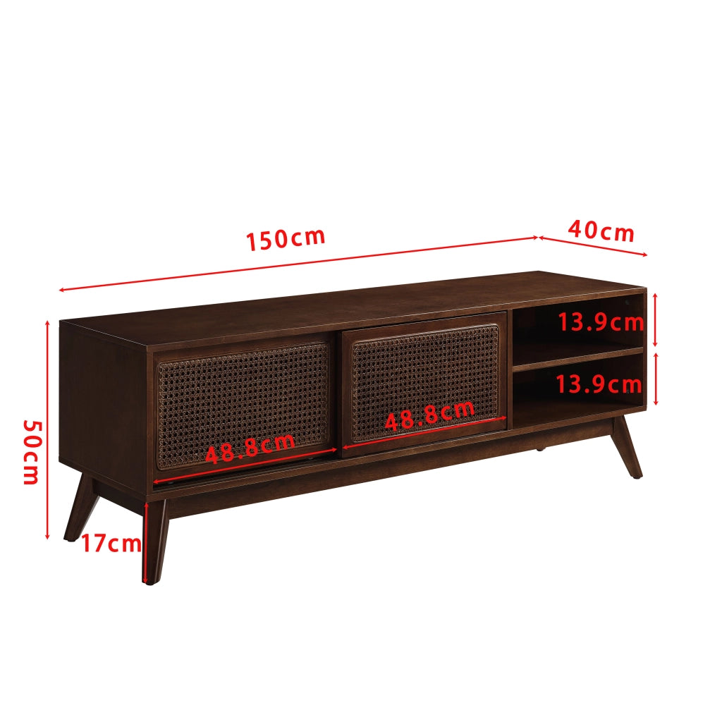 Mobile TV con ante in rattan e ripiani in legno e MDF noce