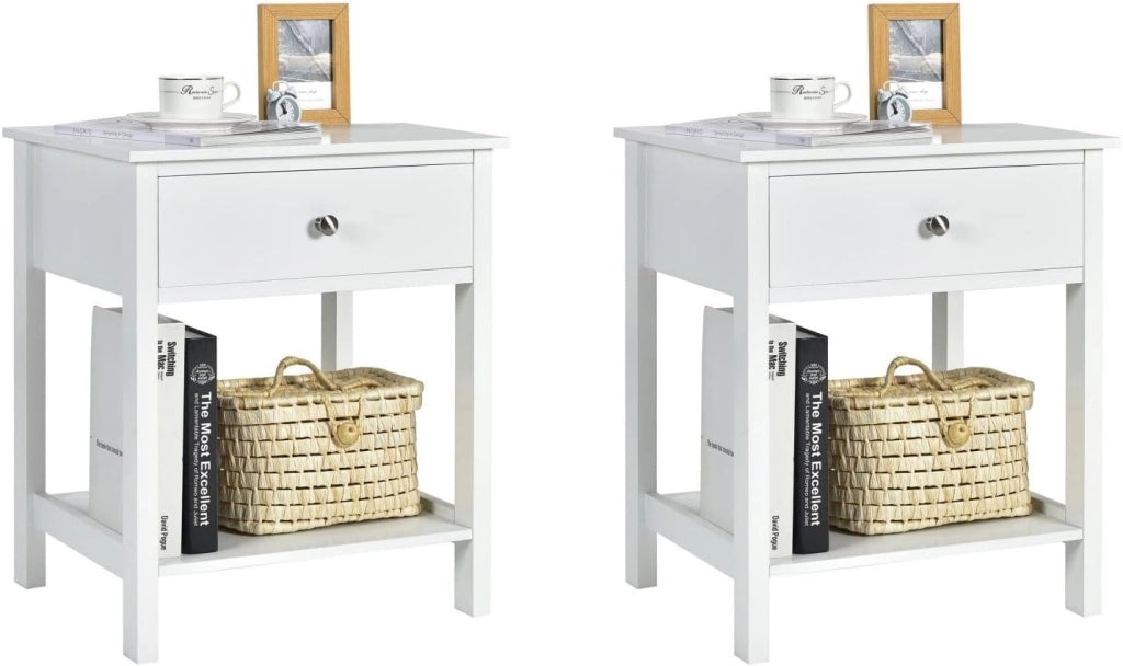 Comodino con Cassetto, Tavolino in Legno con 2 Livelli, Cassettiera da Letto Multifunzionale per Salone Camera da Letto Corridoio, 48 x 40 x 58 cm (Bianco, 2 Pezzi)