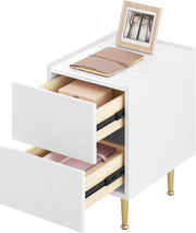 Comodino Camera da Letto, Tavolino da Notte con 2 Cassetti, Piano Lucido, Rivestimento in PVC, 40x30x51cm, Tavolino da Divano, MDF+PVC+Metallo, Bianco+Dorato, NTS10ws02