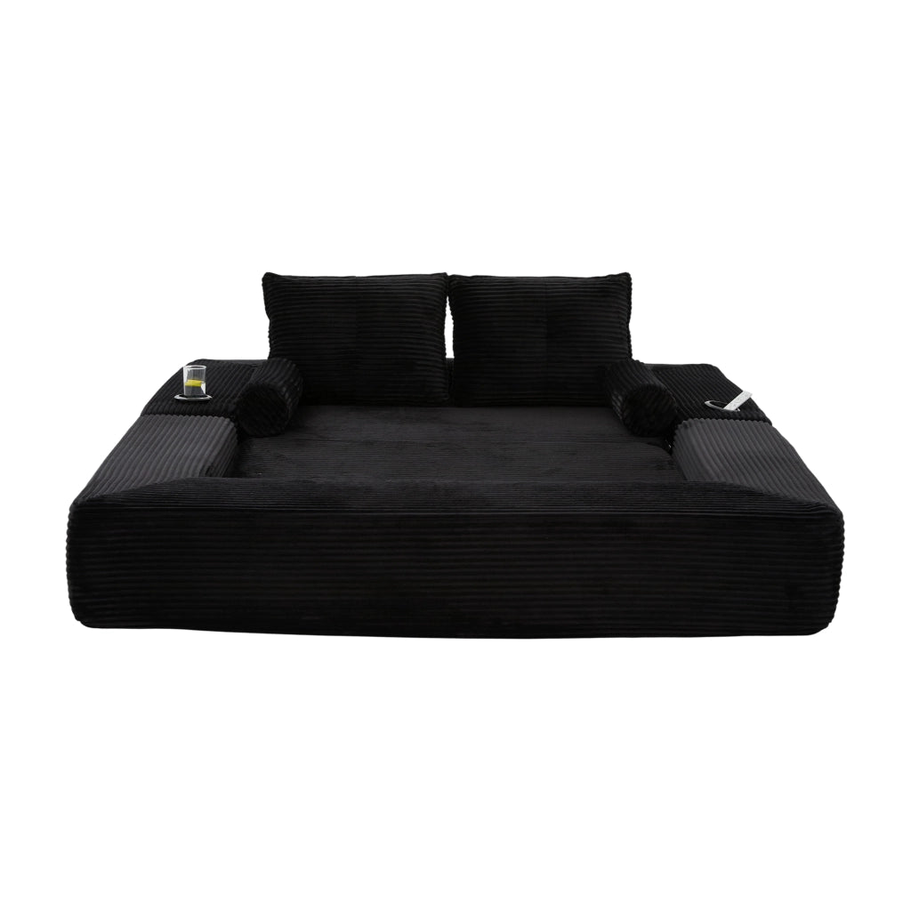 Divano letto multifunzione velluto a coste nero con memory foam, tasche e porta bicchieri