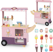 Gelateria Giocattolo per Bambini con Gelatiera, Carrelo dei Gelati in Legno con Ruote e Maniglia, Negozio di Gelati Giocattolo con Cassa e 15 Accessori, per Bambini di 3 + Anni (Rosa)