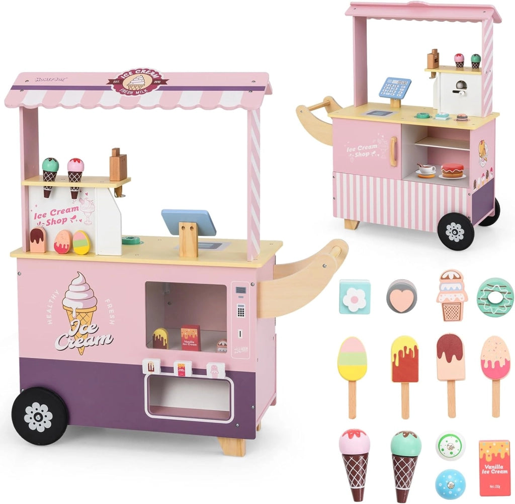 Gelateria Giocattolo per Bambini con Gelatiera, Carrelo dei Gelati in Legno con Ruote e Maniglia, Negozio di Gelati Giocattolo con Cassa e 15 Accessori, per Bambini di 3 + Anni (Rosa)