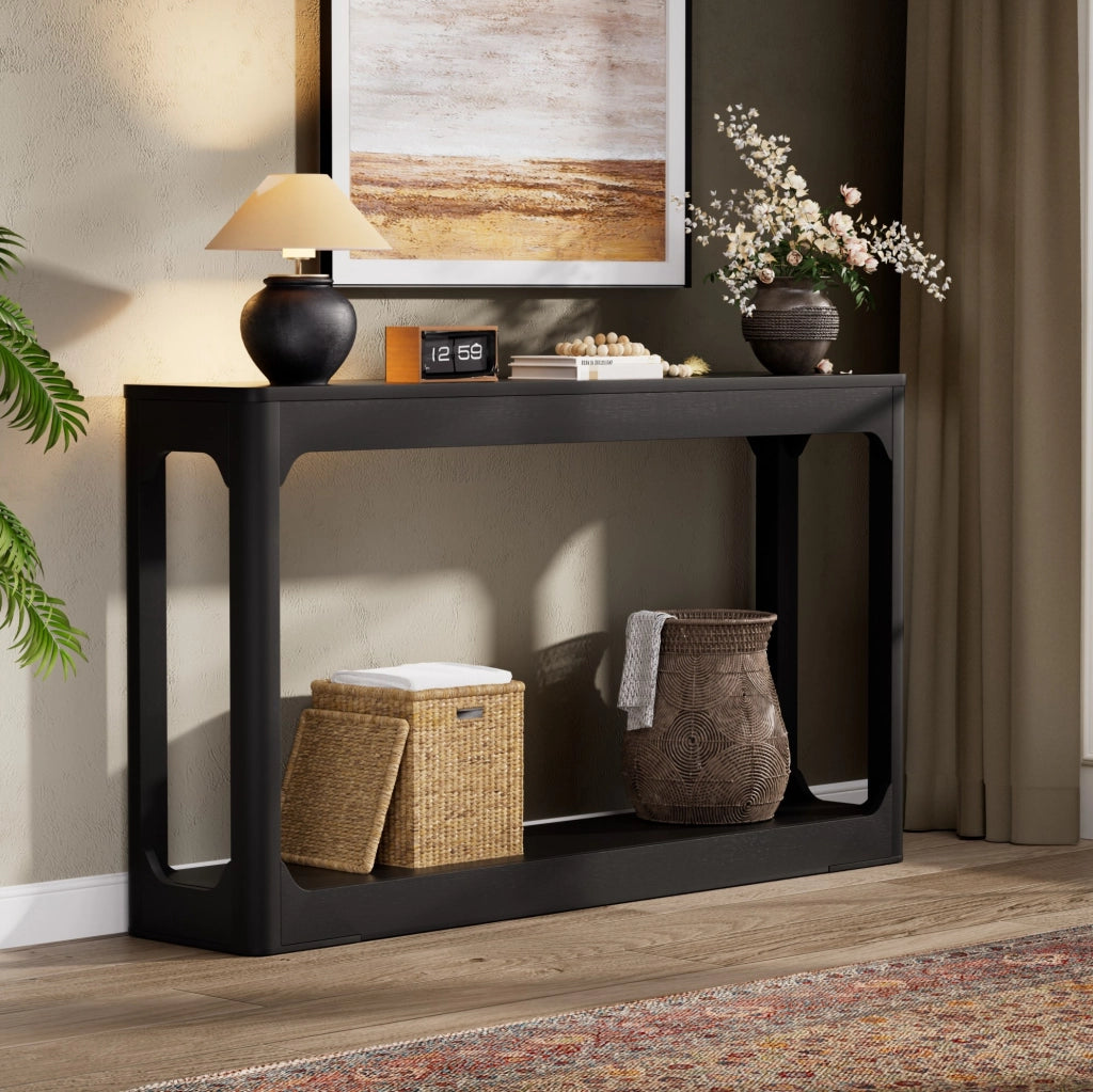 Tavolo consolle stretto 140 cm in MDF nero con ripiani aperti