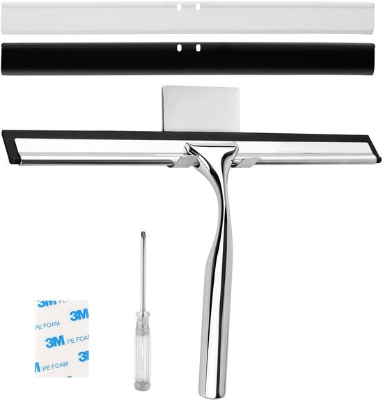 Kit di pulizia vetro per doccia RVS con 2 spazzole in gomma sostituibili e chiodo da parete adesivo per piastrelle da bagno specchio per doccia vetro autorefrattante 25cm