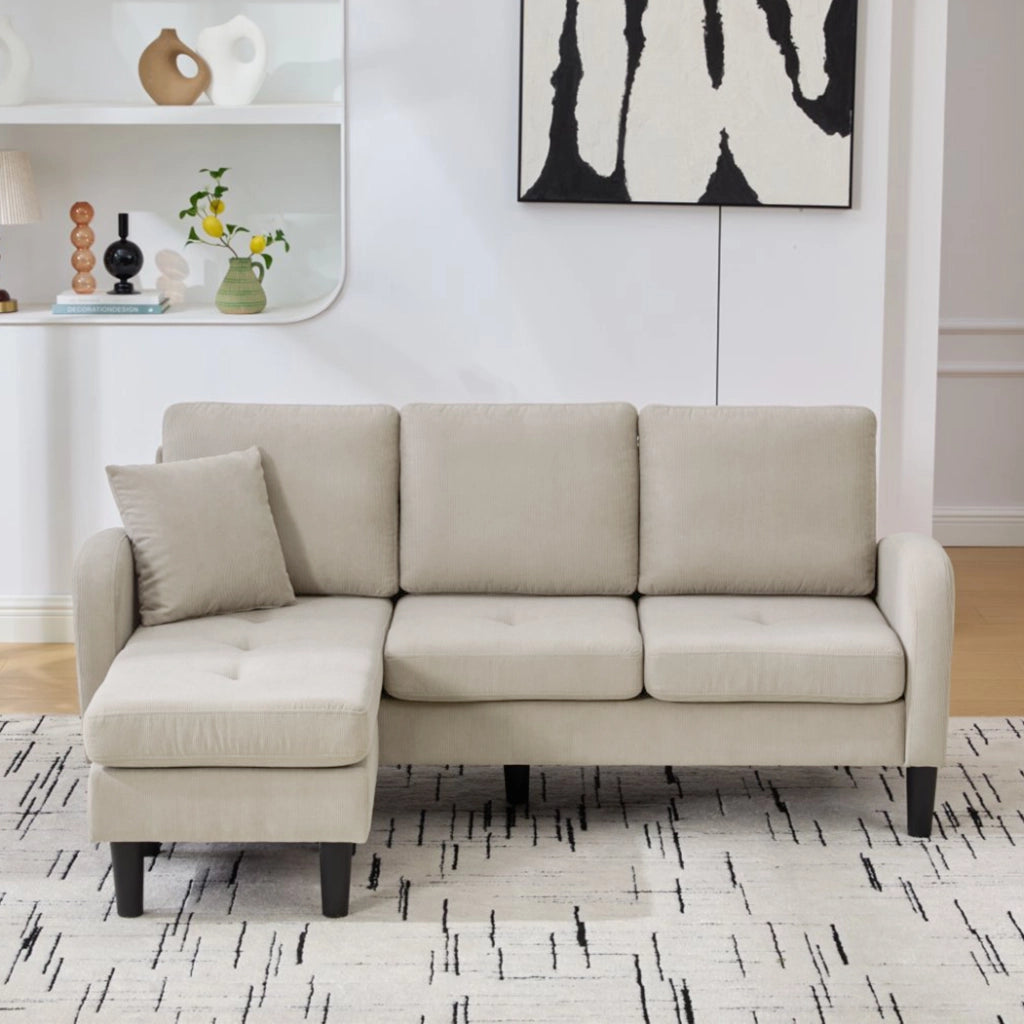 Divano angolare modulare 3 posti - con chaise longue reversibile - in tessuto cord - marrone grigio