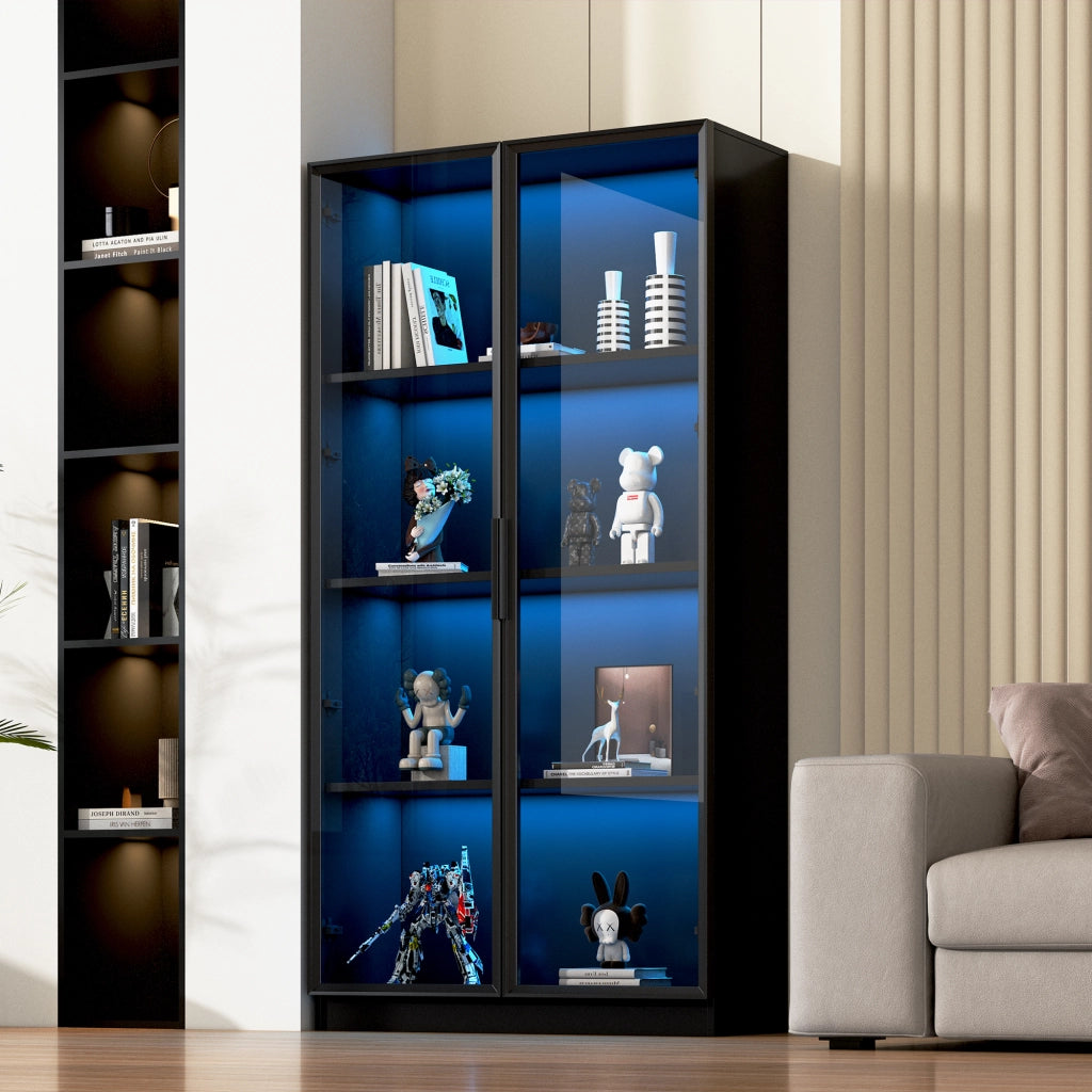 Libreria Vetrina con LED ¨C MINIMAL ¨C Legno, 2 Ante, Ripiani Regolabili, 80x40x160