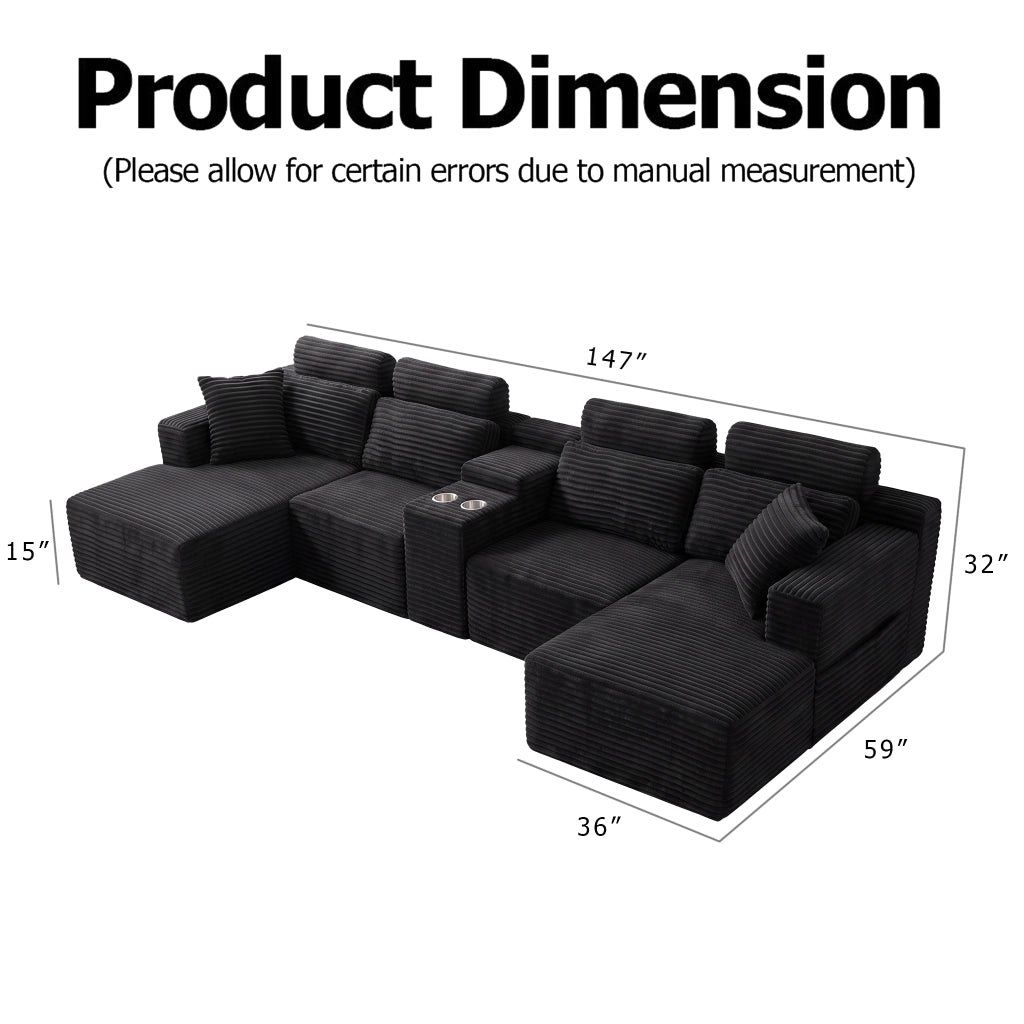 Divano modulare a U 372.0x151.0x80.0 cm con doppi portabicchieri in schiuma nero