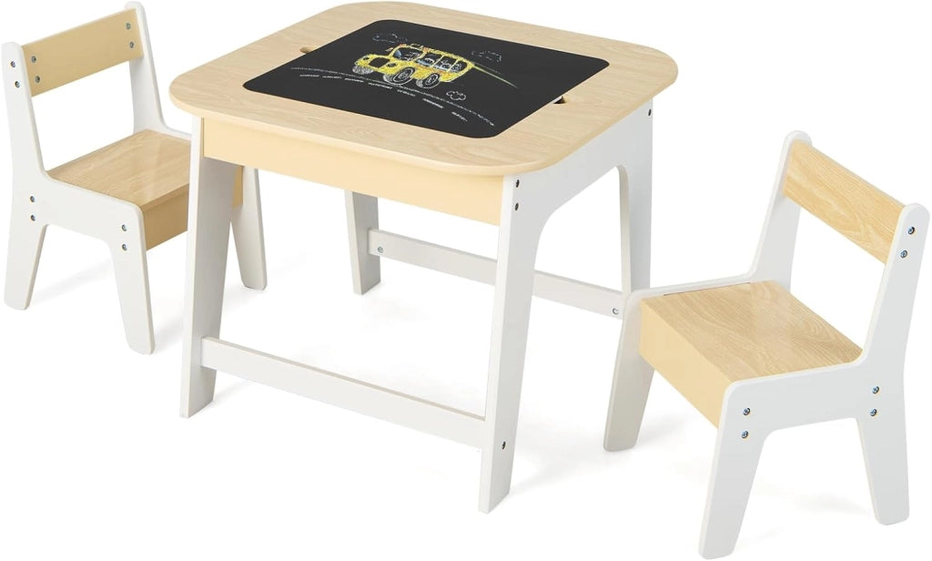 Set Tavolo e 2 Sedie per Bambini, con Lavagna Reversibile, Tavolo Multiattività con Vano Portaoggetti Nascosto e Sedie, per Bambini da 3-6 Anni, per Cameretta e Soggiorno (Naturale)